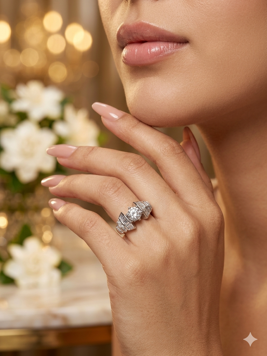 FLORALHALO American Diamond Adjustable Ring for Women | Luxury Solitaire Halo Design AD Ring | Silver Tone Cubic Zirconia Statement Ring | Adjustable Finger Ring for Girls & Women