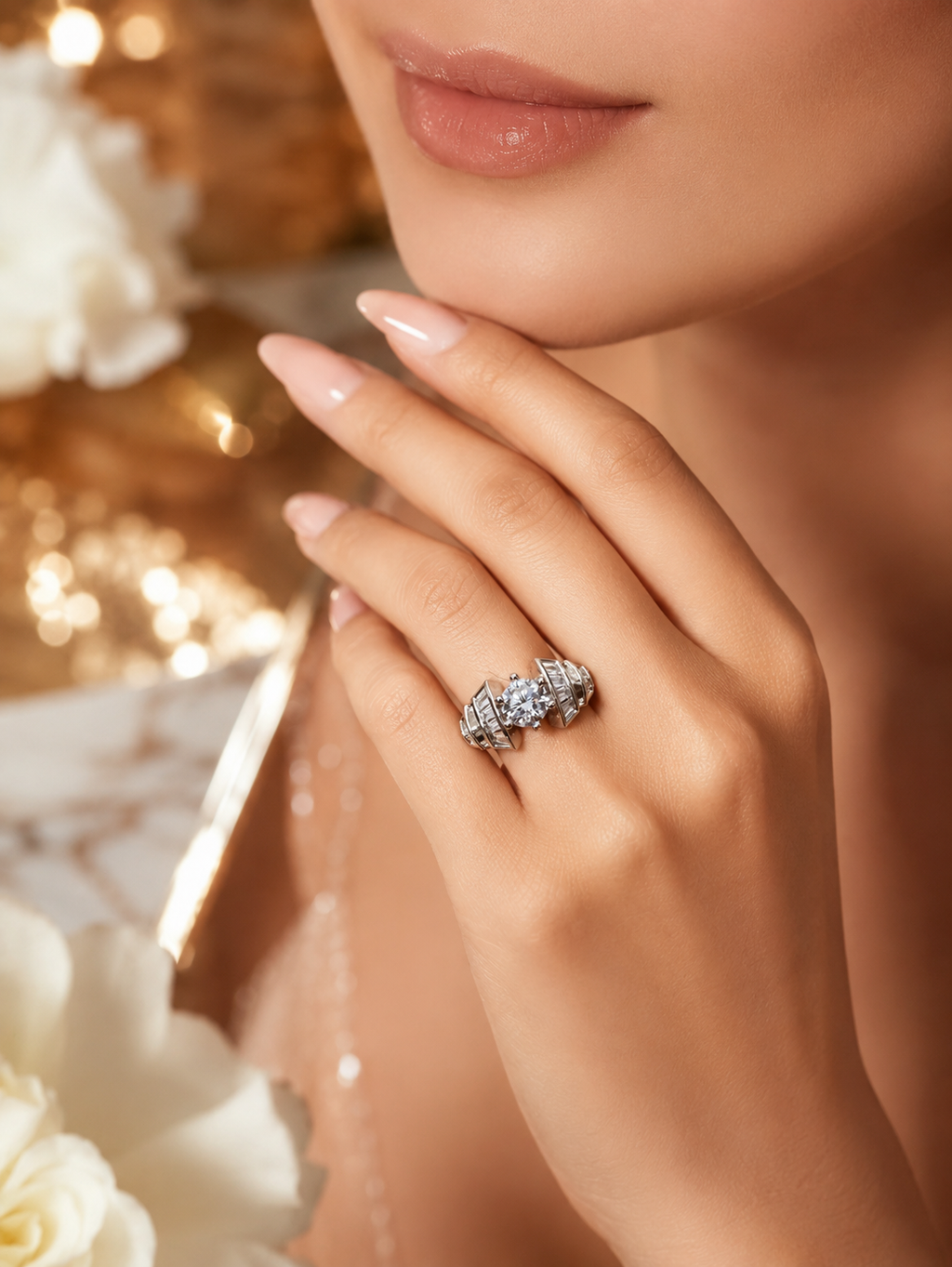 FLORALHALO American Diamond Adjustable Ring for Women | Luxury Solitaire Halo Design AD Ring | Silver Tone Cubic Zirconia Statement Ring | Adjustable Finger Ring for Girls & Women