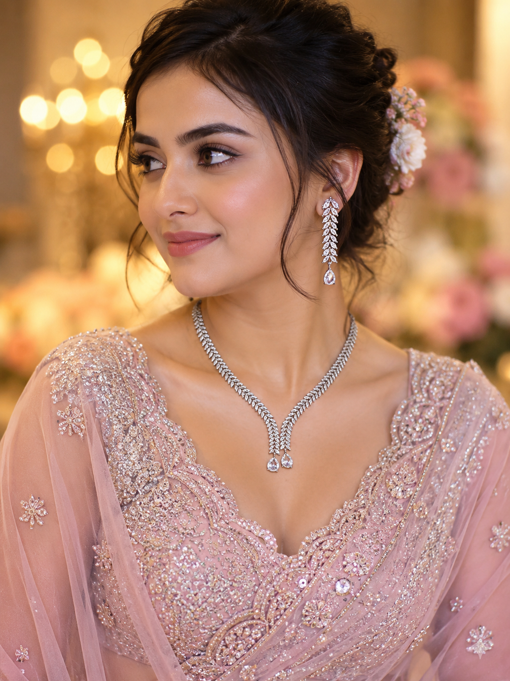 American Diamond Leaf Drop Necklace Set for Women | Elegant V-Shape AD Necklace with Matching Drop Earrings