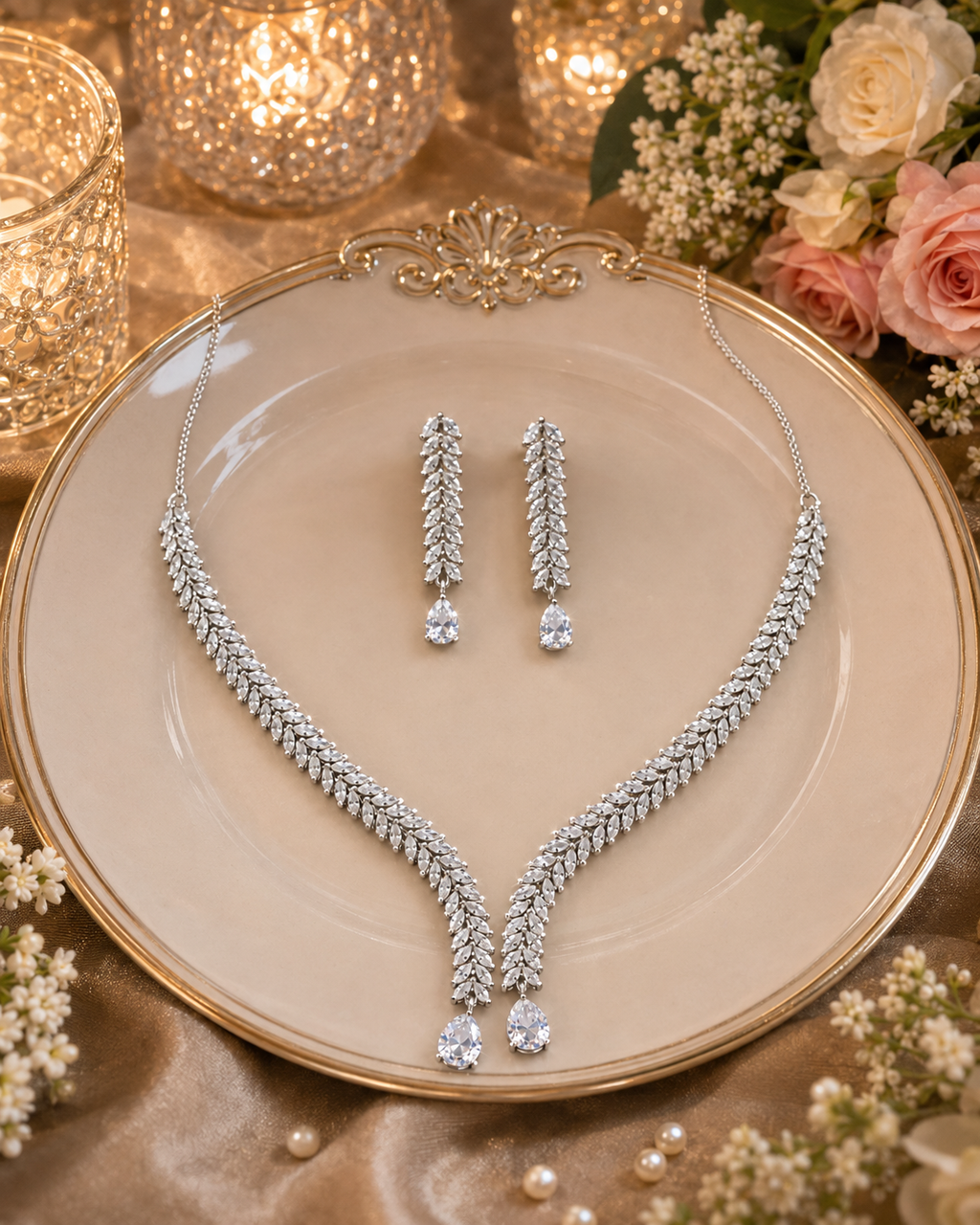 American Diamond Leaf Drop Necklace Set for Women | Elegant V-Shape AD Necklace with Matching Drop Earrings