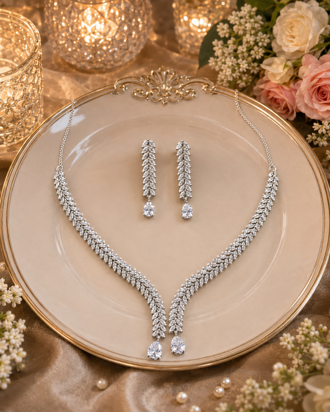 American Diamond Leaf Drop Necklace Set for Women | Elegant V-Shape AD Necklace with Matching Drop Earrings