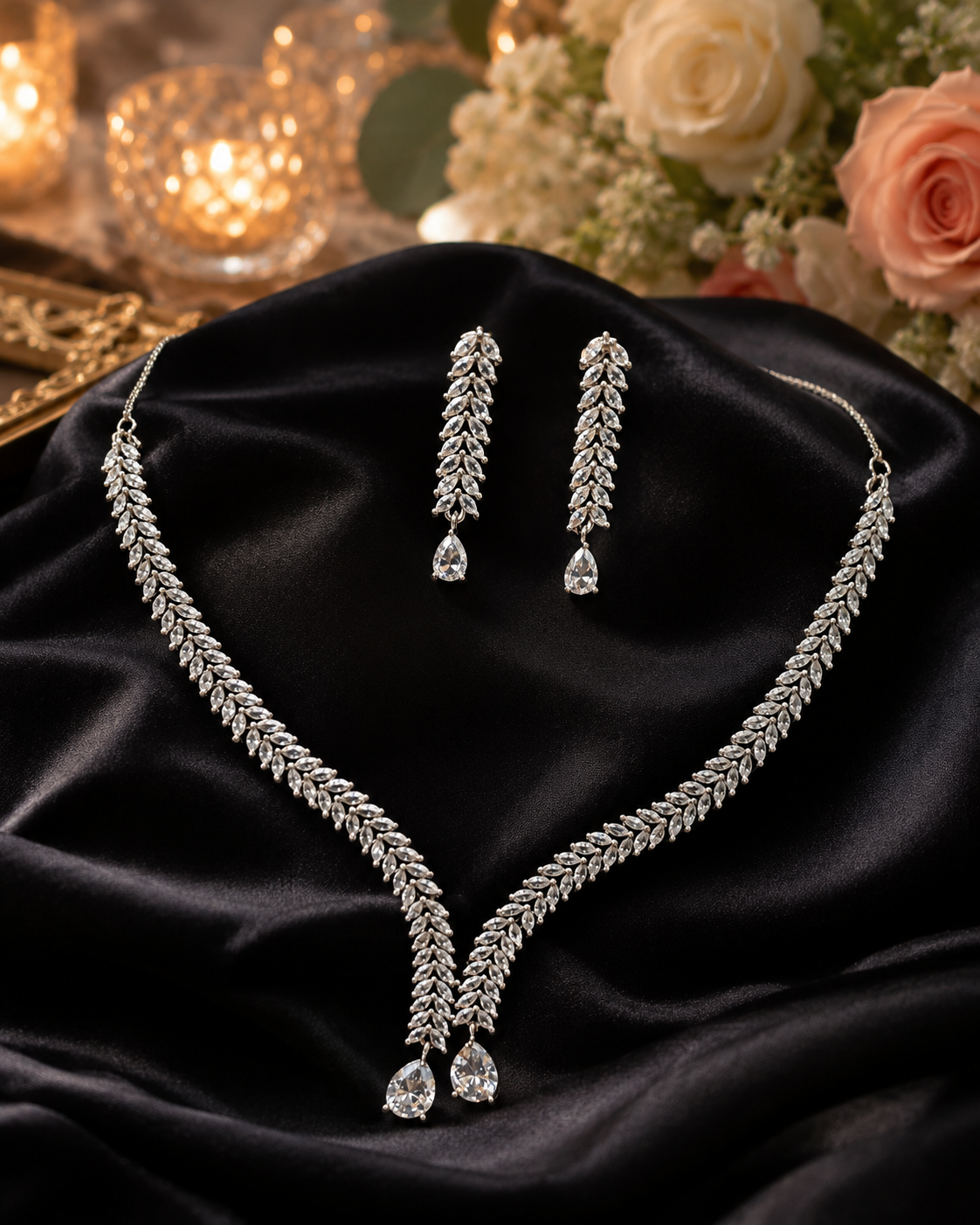 American Diamond Leaf Drop Necklace Set for Women | Elegant V-Shape AD Necklace with Matching Drop Earrings