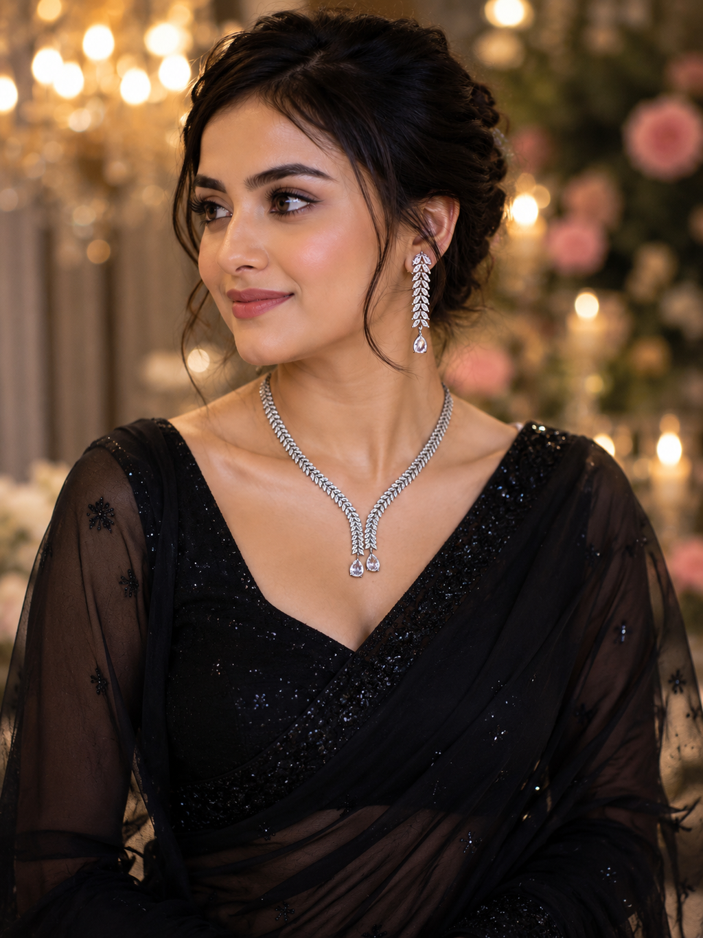 American Diamond Leaf Drop Necklace Set for Women | Elegant V-Shape AD Necklace with Matching Drop Earrings