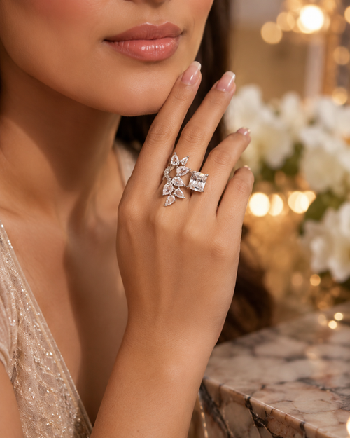 American Diamond Adjustable Ring for Women | Leaf Vine Design with Princess Cut Stone | Open Adjustable AD Ring | Silver Tone Cubic Zirconia Fashion Ring for Girls | Wedding & Gift