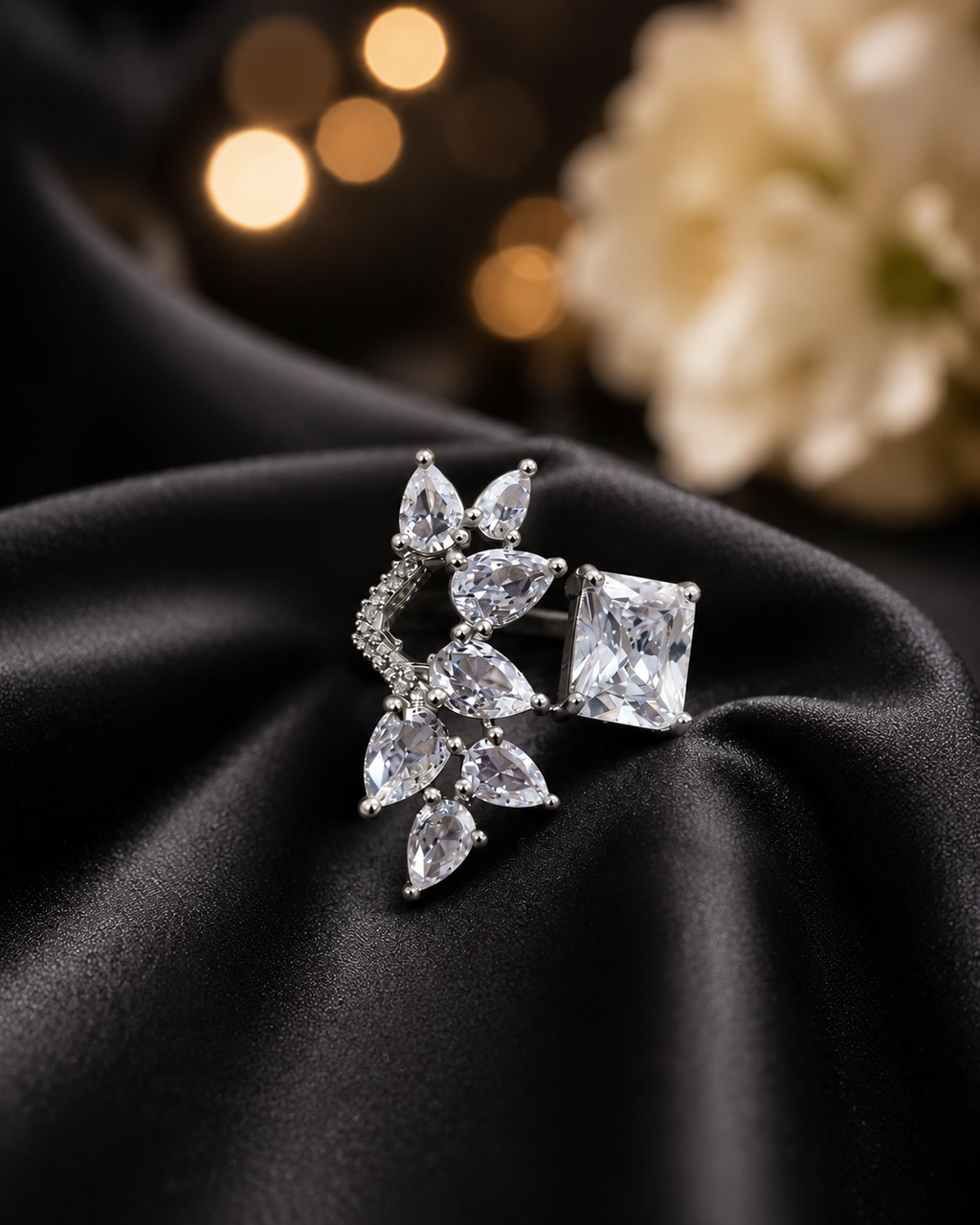 American Diamond Adjustable Ring for Women | Leaf Vine Design with Princess Cut Stone | Open Adjustable AD Ring | Silver Tone Cubic Zirconia Fashion Ring for Girls | Wedding & Gift