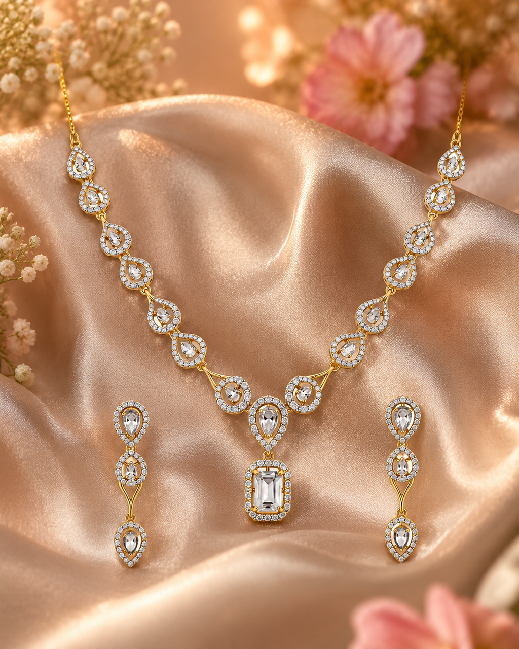 Gold-Toned CZ Teardrop Pendant Necklace & Earrings Set