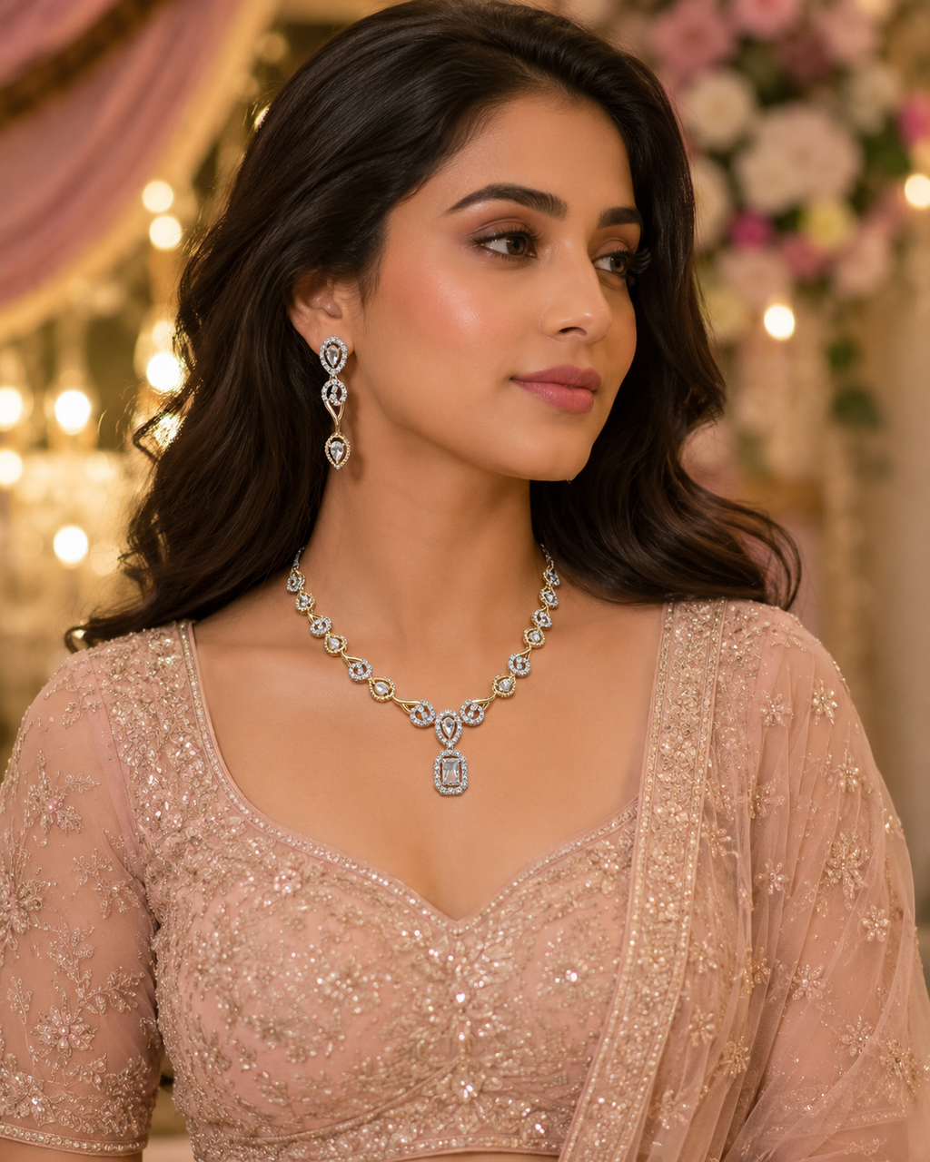 Gold-Toned CZ Teardrop Pendant Necklace & Earrings Set