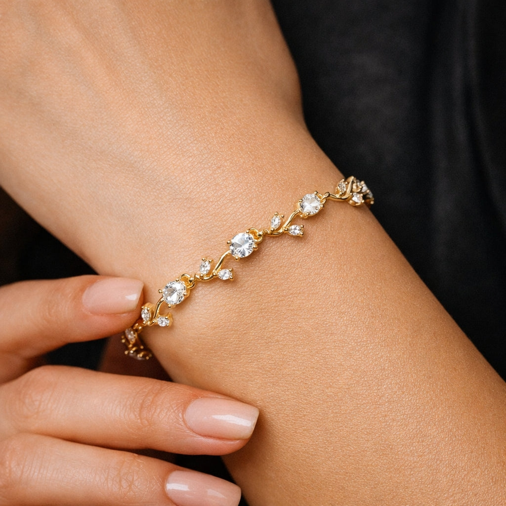 Gold Plated Crystal Bracelet for Women & Girls | Anti Tarnish Elegant Link Bracelet | Adjustable Jewelry