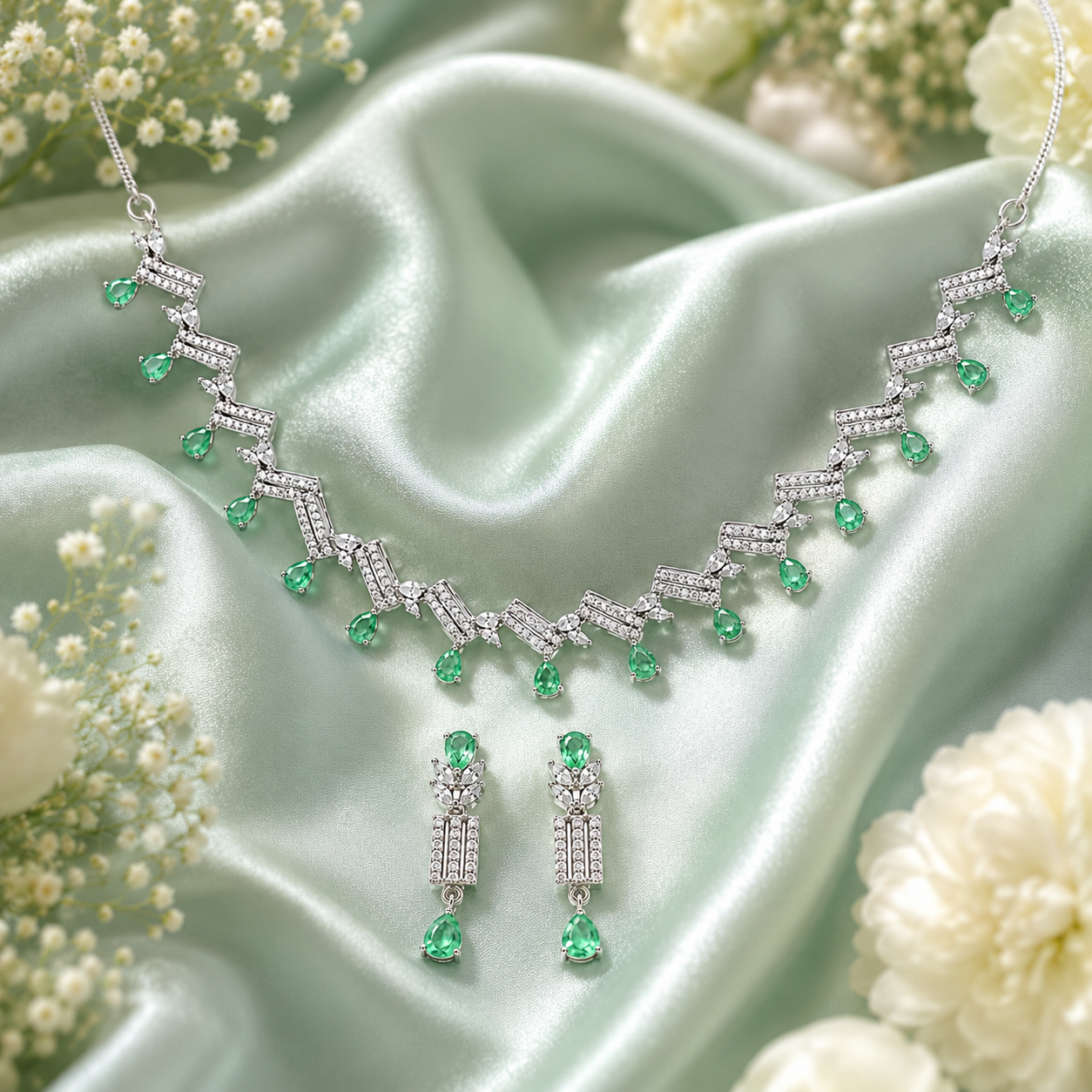 Mint Green American Diamond Chevron Leaf Necklace & Earrings Set